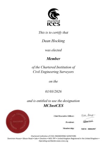 Chartered Institution of Civil Engineering Surveyors Full Member Accreditation.