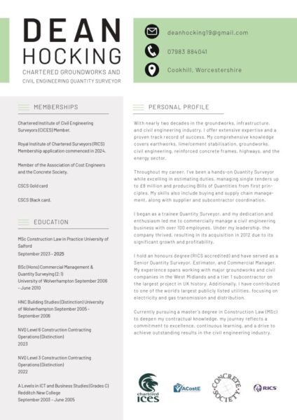 Comprehensive overview of 20+ years in civil engineering, major projects (£1bn+), and commercial management.