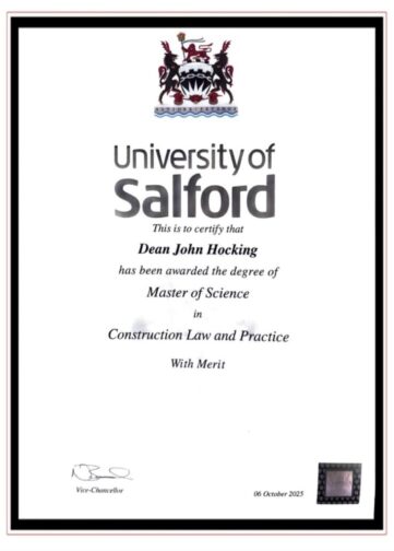 University of Salford Master of Science in Construction Law and Practice (With Merit).